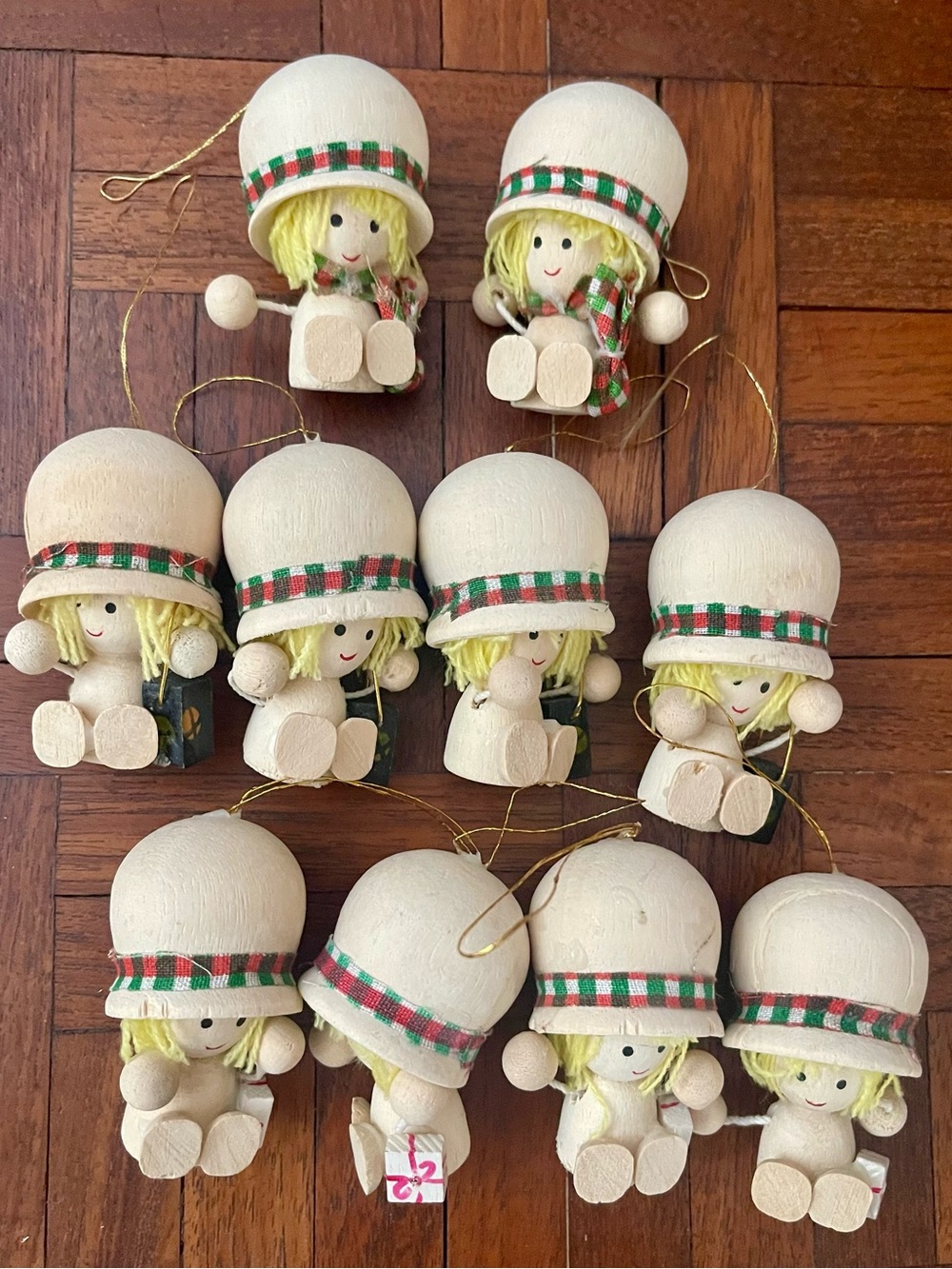 Vintage Wooden Holiday Doll Ornament Set